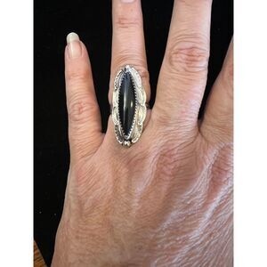 1970s Navajo Native American Signed Alfred Payton Black Onyx  SS Ring